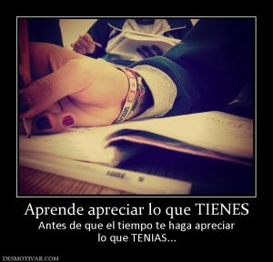 Aprende apreciar lo que TIENES Antes de que el tiempo te haga apreciar lo que TENIAS...