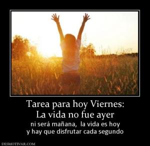 Tarea para hoy Viernes: La vida no fue ayer ni será mañana,  la vida es hoy y hay que disfrutar cada segundo