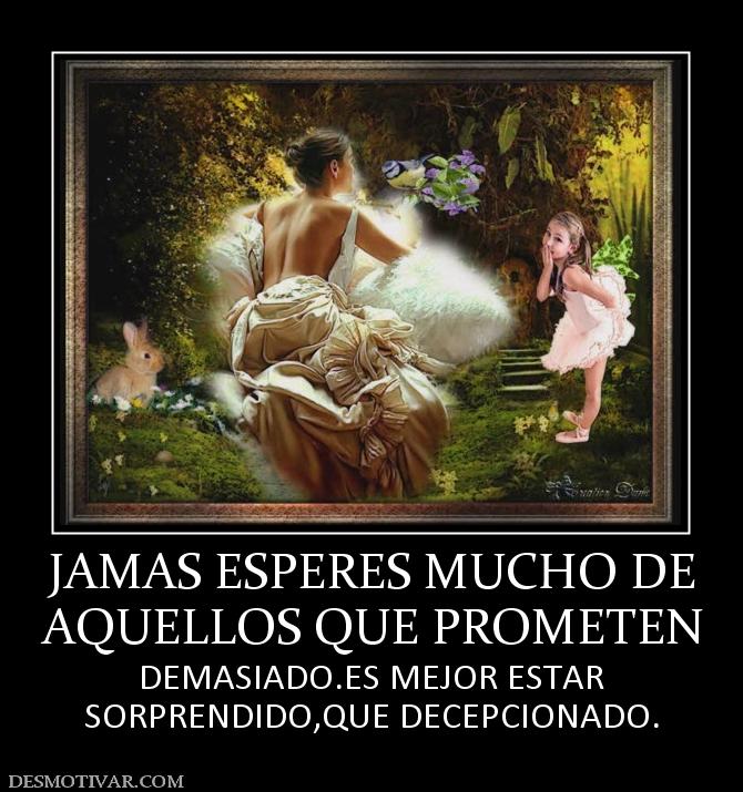 JAMAS ESPERES MUCHO DE AQUELLOS QUE PROMETEN  DEMASIADO.ES MEJOR ESTAR SORPRENDIDO,QUE DECEPCIONADO.