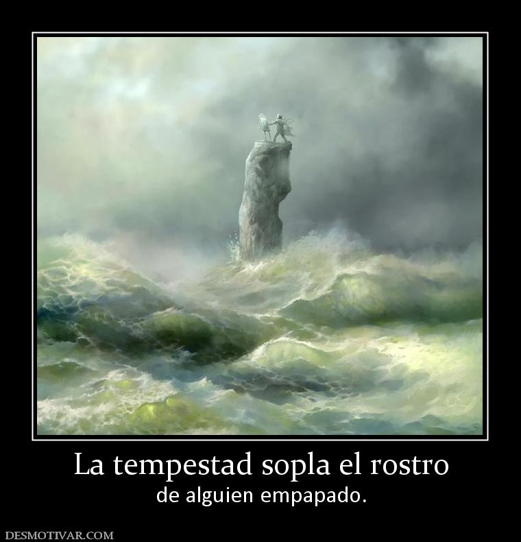 La tempestad sopla el rostro de alguien empapado.