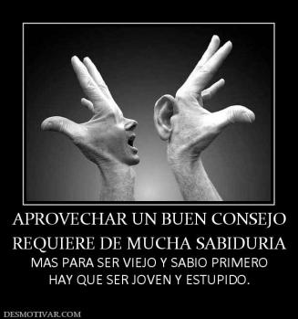 APROVECHAR UN BUEN CONSEJO REQUIERE DE MUCHA SABIDURIA MAS PARA SER VIEJO Y SABIO PRIMERO HAY QUE SER JOVEN Y ESTUPIDO.