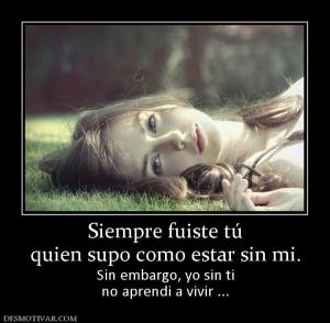 Siempre fuiste tú quien supo como estar sin mi. Sin embargo, yo sin ti no aprendi a vivir ...