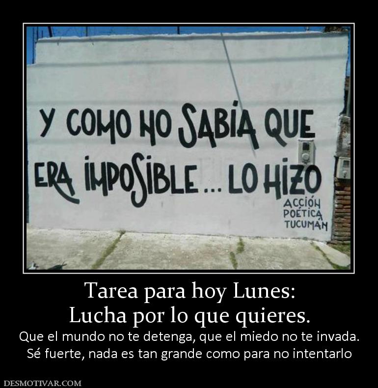 Tarea para hoy Lunes: Lucha por lo que quieres. Que el mundo no te detenga, que el miedo no te invada. Sé fuerte, nada es tan grande como para no intentarlo