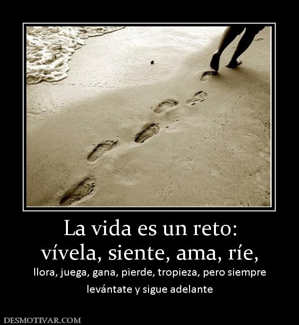 La vida es un reto: vívela, siente, ama, ríe,  llora, juega, gana, pierde, tropieza, pero siempre levántate y sigue adelante