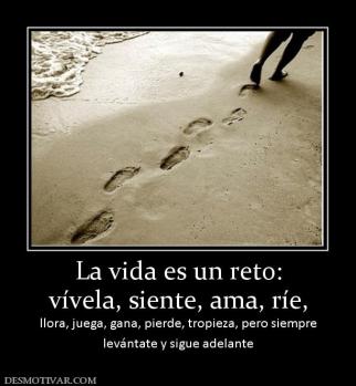 La vida es un reto: vívela, siente, ama, ríe,  llora, juega, gana, pierde, tropieza, pero siempre levántate y sigue adelante