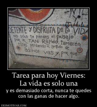 Tarea para hoy Viernes: La vida es solo una y es demasiado corta, nunca te quedes con las ganas de hacer algo.