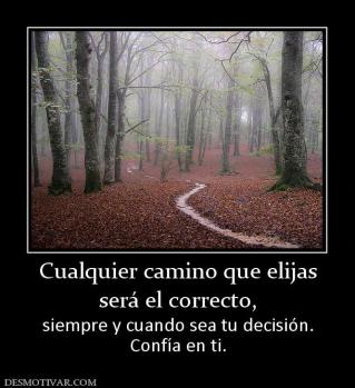 Cualquier camino que elijas será el correcto, siempre y cuando sea tu decisión. Confía en ti.
