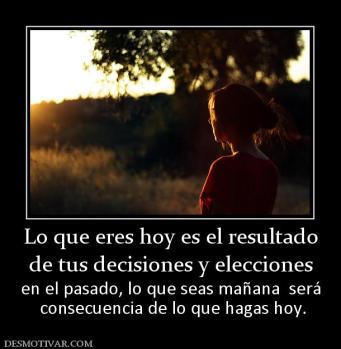 Lo que eres hoy es el resultado de tus decisiones y elecciones en el pasado, lo que seas mañana  será  consecuencia de lo que hagas hoy.