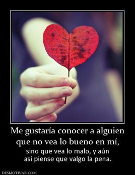 Me gustaría conocer a alguien que no vea lo bueno en mí,  sino que vea lo malo, y aún así piense que valgo la pena.