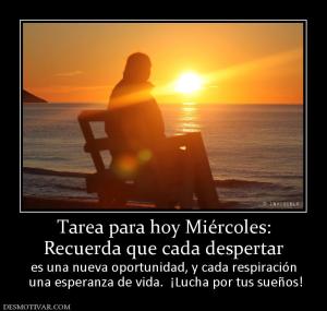 Tarea para hoy Miércoles: Recuerda que cada despertar es una nueva oportunidad, y cada respiración  una esperanza de vida.  ¡Lucha por tus sueños!