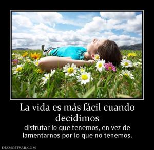 La vida es más fácil cuando decidimos disfrutar lo que tenemos, en vez de lamentarnos por lo que no tenemos.