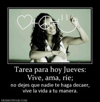 Tarea para hoy Jueves: Vive, ama, ríe;  no dejes que nadie te haga decaer, vive la vida a tu manera.