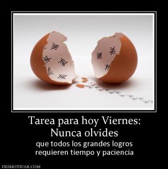 Tarea para hoy Viernes: Nunca olvides  que todos los grandes logros requieren tiempo y paciencia