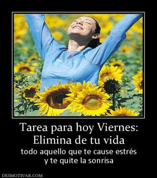 Tarea para hoy Viernes: Elimina de tu vida  todo aquello que te cause estrés y te quite la sonrisa