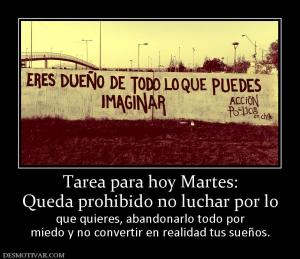 Tarea para hoy Martes: Queda prohibido no luchar por lo que quieres, abandonarlo todo por miedo y no convertir en realidad tus sueños.