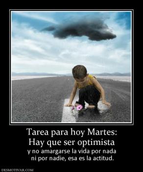 Tarea para hoy Martes: Hay que ser optimista  y no amargarse la vida por nada  ni por nadie, esa es la actitud.
