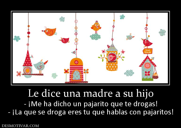 Le dice una madre a su hijo - ¡Me ha dicho un pajarito que te drogas! - ¡La que se droga eres tu que hablas con pajaritos!