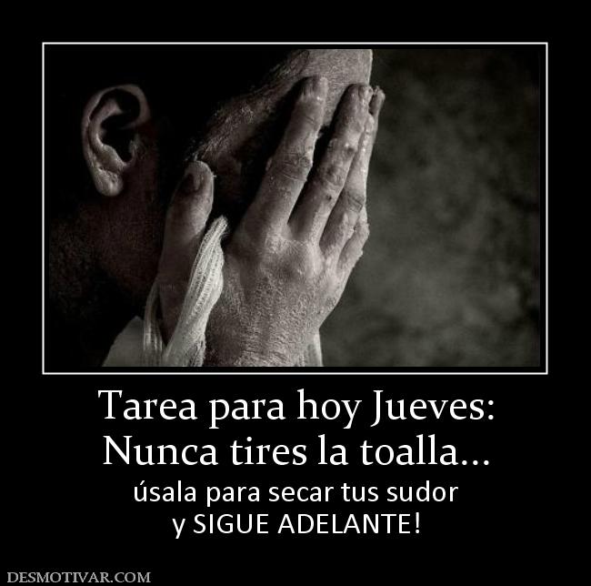 Tarea para hoy Jueves: Nunca tires la toalla... úsala para secar tus sudor y SIGUE ADELANTE!