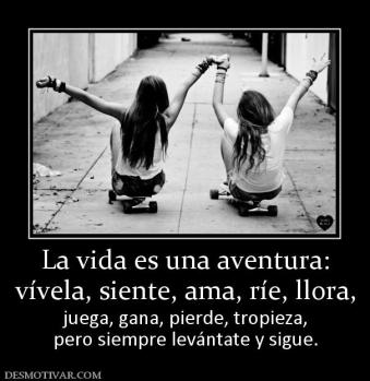 La vida es una aventura: vívela, siente, ama, ríe, llora, juega, gana, pierde, tropieza, pero siempre levántate y sigue.