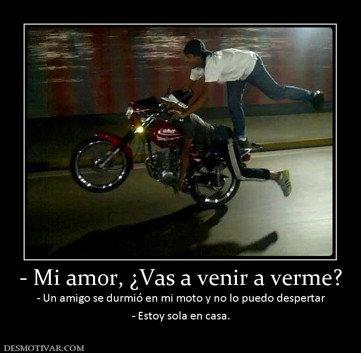- Mi amor, ¿Vas a venir a verme? - Un amigo se durmió en mi moto y no lo puedo despertar - Estoy sola en casa.