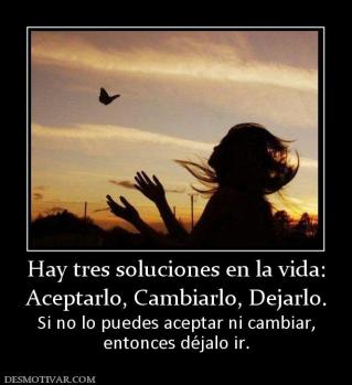 Hay tres soluciones en la vida: Aceptarlo, Cambiarlo, Dejarlo. Si no lo puedes aceptar ni cambiar, entonces déjalo ir.