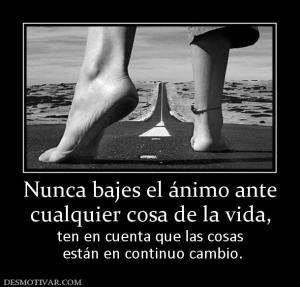 Nunca bajes el ánimo ante cualquier cosa de la vida,  ten en cuenta que las cosas  están en continuo cambio.