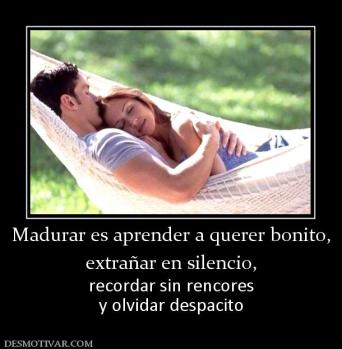 Madurar es aprender a querer bonito, extrañar en silencio,  recordar sin rencores y olvidar despacito