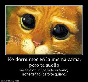 No dormimos en la misma cama,  pero te sueño; no te escribo, pero te extraño; no te tengo, pero te quiero.