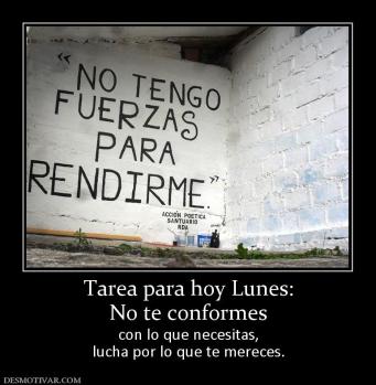 Tarea para hoy Lunes: No te conformes con lo que necesitas, lucha por lo que te mereces.