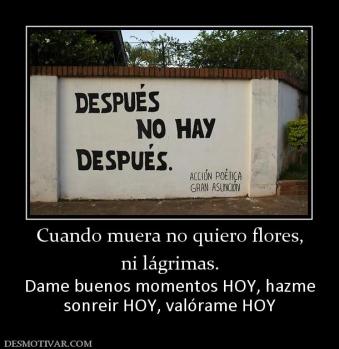 Cuando muera no quiero flores, ni lágrimas. Dame buenos momentos HOY, hazme sonreir HOY, valórame HOY