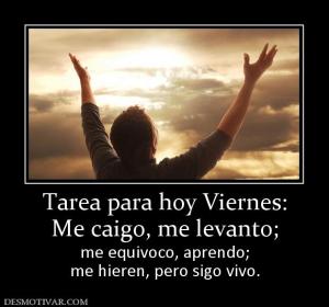 Tarea para hoy Viernes: Me caigo, me levanto; me equivoco, aprendo; me hieren, pero sigo vivo.