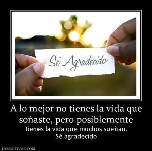 A lo mejor no tienes la vida que soñaste, pero posiblemente tienes la vida que muchos sueñan. Sé agradecido