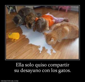 Ella solo quiso compartir su desayuno con los gatos.