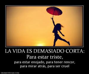 LA VIDA ES DEMASIADO CORTA: Para estar triste, para estar enojado, para tener rencor, para mirar atrás, para ser cruel