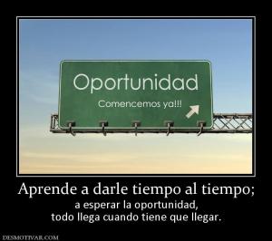 Aprende a darle tiempo al tiempo; a esperar la oportunidad, todo llega cuando tiene que llegar.