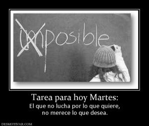 Tarea para hoy Martes: El que no lucha por lo que quiere, no merece lo que desea.