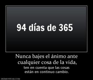 Nunca bajes el ánimo ante  cualquier cosa de la vida, ten en cuenta que las cosas están en continuo cambio.