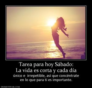 Tarea para hoy Sábado: La vida es corta y cada día  único e  irrepetible, así que concéntrate en lo que para ti es importante.