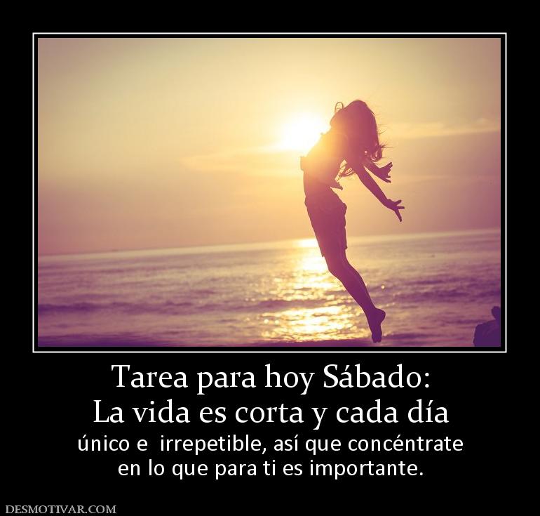 Tarea para hoy Sábado: La vida es corta y cada día  único e  irrepetible, así que concéntrate en lo que para ti es importante.