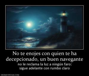 No te enojes con quien te ha decepcionado, un buen navegante  no le reclama la luz a ningún faro: sigue adelante con rumbo claro