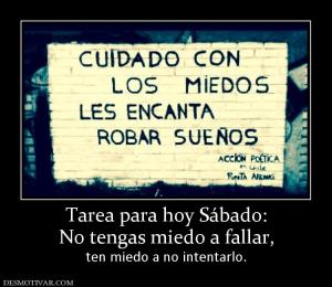 Tarea para hoy Sábado: No tengas miedo a fallar,  ten miedo a no intentarlo.