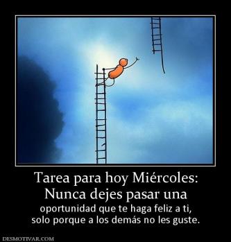 Tarea para hoy Miércoles: Nunca dejes pasar una  oportunidad que te haga feliz a ti, solo porque a los demás no les guste.