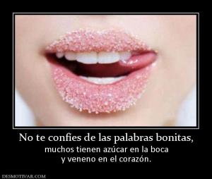 No te confíes de las palabras bonitas, muchos tienen azúcar en la boca y veneno en el corazón.