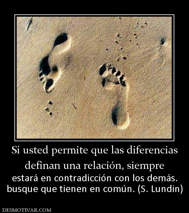 Si usted permite que las diferencias definan una relación, siempre estará en contradicción con los demás. busque que tienen en común. (S. Lundin)