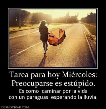 Tarea para hoy Miércoles: Preocuparse es estúpido. Es como  caminar por la vida con un paraguas  esperando la lluvia.