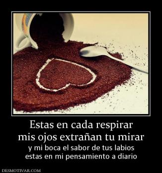 Estas en cada respirar mis ojos extrañan tu mirar y mi boca el sabor de tus labios estas en mi pensamiento a diario