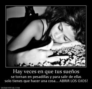 Hay veces en que tus sueños se tornan en pesadillas y para salir de ellas solo tienes que hacer una cosa... ABRIR LOS OJOS!